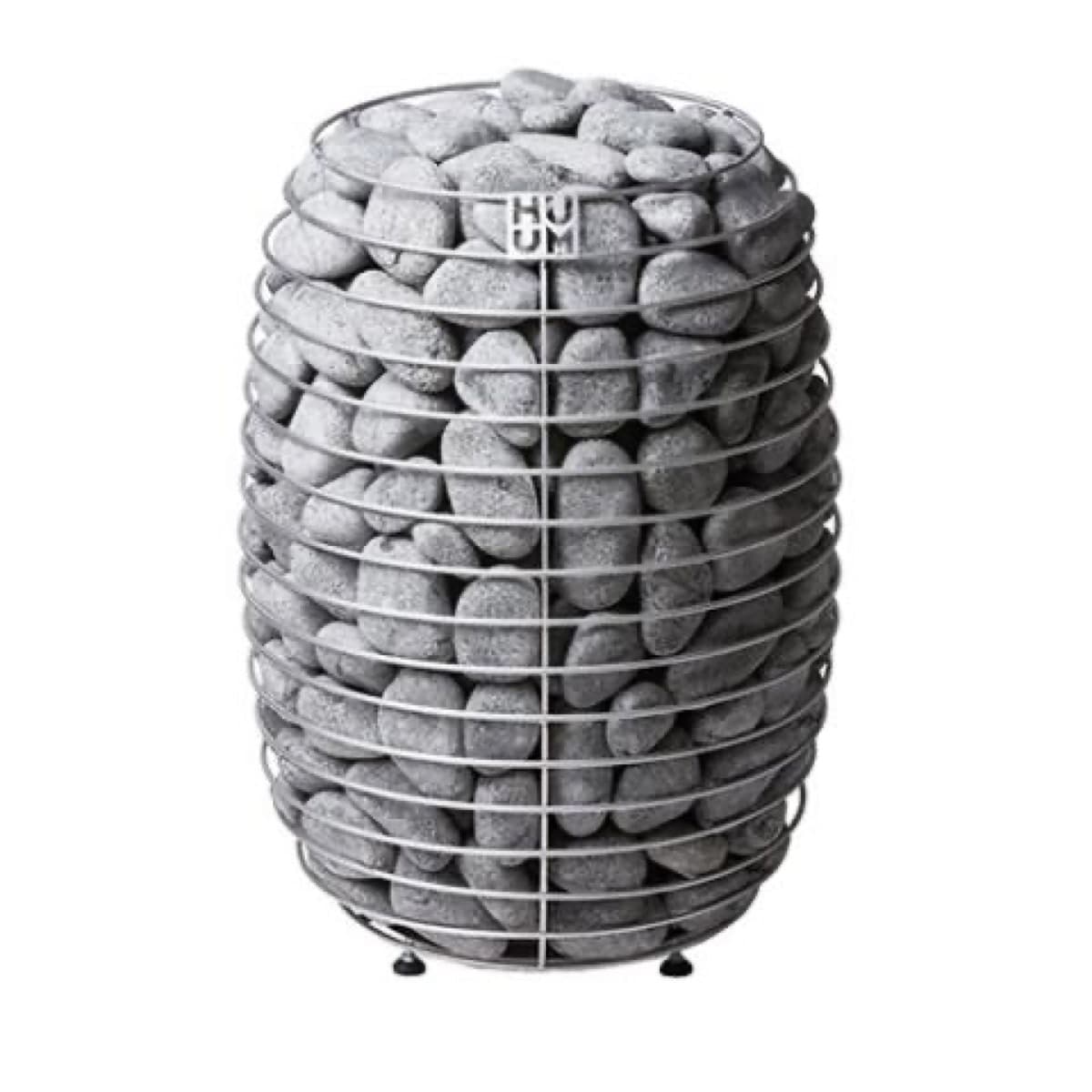 HUUM HIVE stainless-steel electric sauna heater with a full stone cage in a cedar sauna room