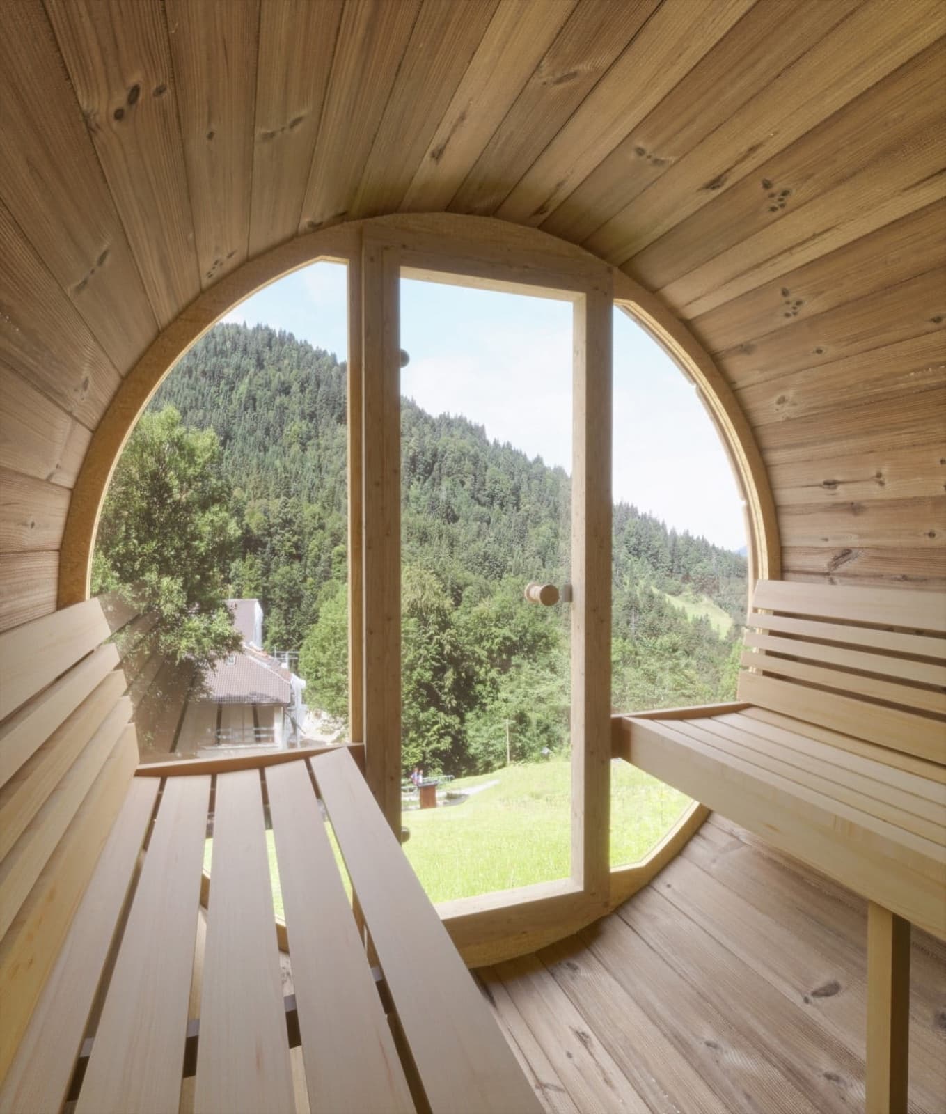 SaunaLife Model E7G Outdoor Barrel Sauna Kit (Glass Front)