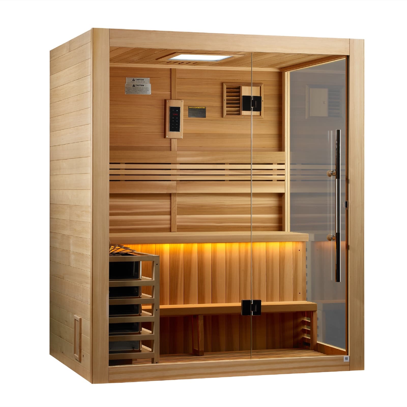 Indoor home sauna cabin assembled in a finished room, showing the clasp-together panel construction and glass door