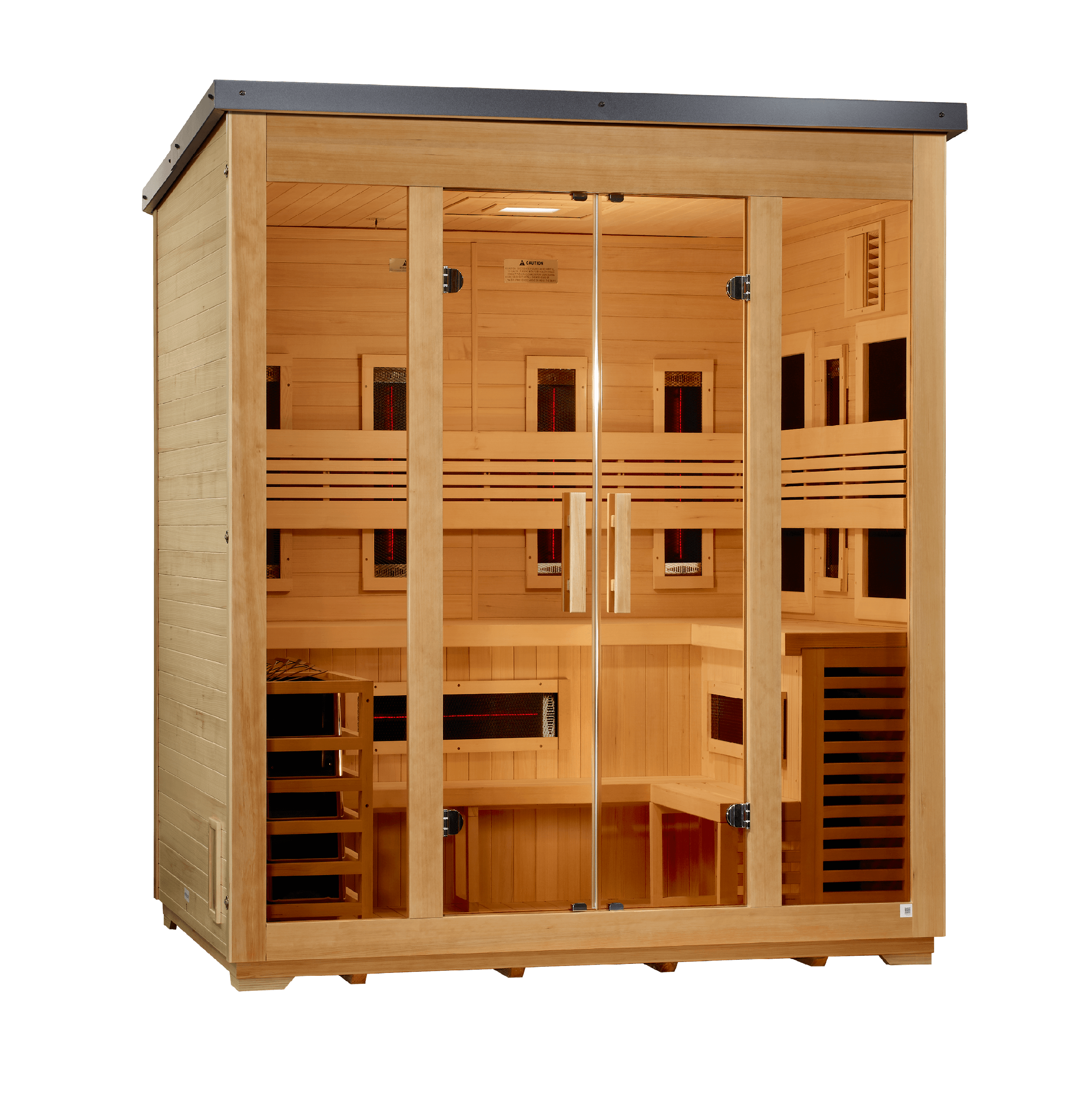 Golden Designs Gargellen 5-Person Hybrid Flat-Roof Outdoor Sauna (NEW 2026, Full Spectrum IR + Traditional Stove)